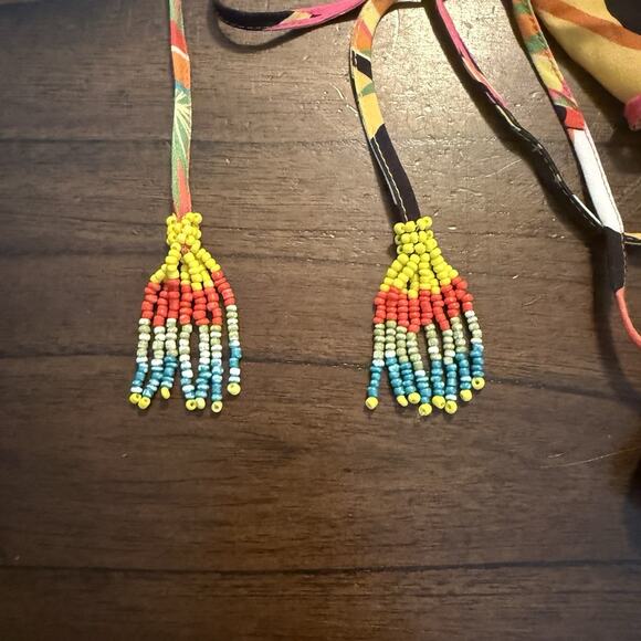 Farm Rio Wrap Shirt Sz Small Tropical Toucan Beaded Tassels Boho Career Casual - Picture 11 of 16